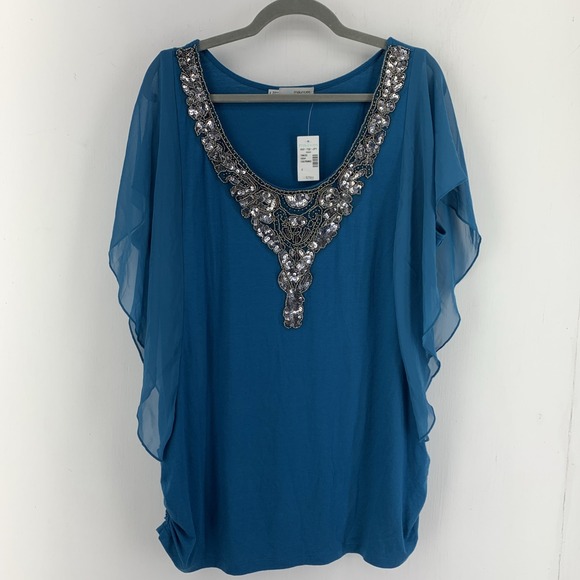 Maurices Tops - Maurice's Womens 2 Tunic Top Sequins Beaded Flutter Sleeve Fairy Whimsy Ruched